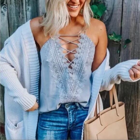 WAYF Posie Pearl Blue lace up criss cross plunge chiffon tank top blouse cami - Picture 1 of 6